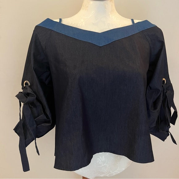 WHY DRESS Denim Off the Shoulder Top Women’s Size Large - Picture 1 of 6
